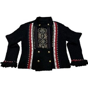 Vintage Curio Textured Knit Wool Blend Cardigan Fringe Embroidered Sweater Small